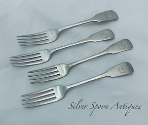 Four English Sterling Dessert Forks, London, 1825