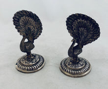 Load image into Gallery viewer, Pair of Indian silver peacock menu holders, c.1900-1920s