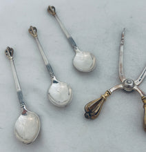 Load image into Gallery viewer, Set of Danish 'Golden Crown' teaspoons and sugar tongs, W&amp;S Sorensen, Horsens, 1960s
