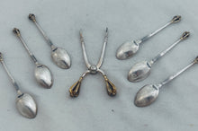 Load image into Gallery viewer, Set of Danish 'Golden Crown' teaspoons and sugar tongs, W&amp;S Sorensen, Horsens, 1960s