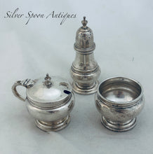 Load image into Gallery viewer, Three piece English sterling cruet set, Mappin &amp; Webb, London, 1935