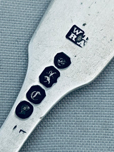 Pair of English Sterling Fiddle and Shell Salt Spoons, Theobalds & Atkinson, London, 1838