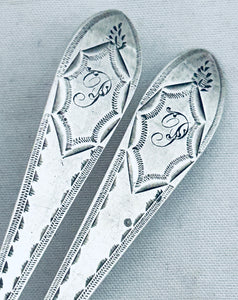 Pair of Scottish sterling bright-cut teaspoons, William Auld, Edinburgh, c.1800