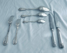 Load image into Gallery viewer, Full English Georgian sterling canteen (12), Fiddle, Shell and Thread Pattern, Traies, London, c.1835