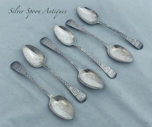 Set of six Channel Islands sterling teaspoons, Jean Le Gallais (overstruck), London, 1858