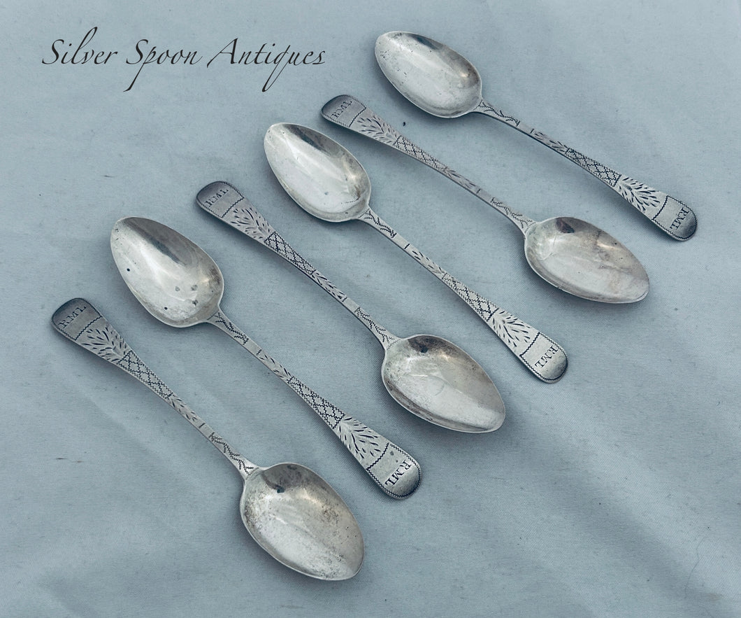Set of six Channel Islands sterling teaspoons, Jean Le Gallais (overstruck), London, 1858