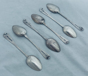 Set of six Channel Islands sterling teaspoons, Jean Le Gallais (overstruck), London, 1858