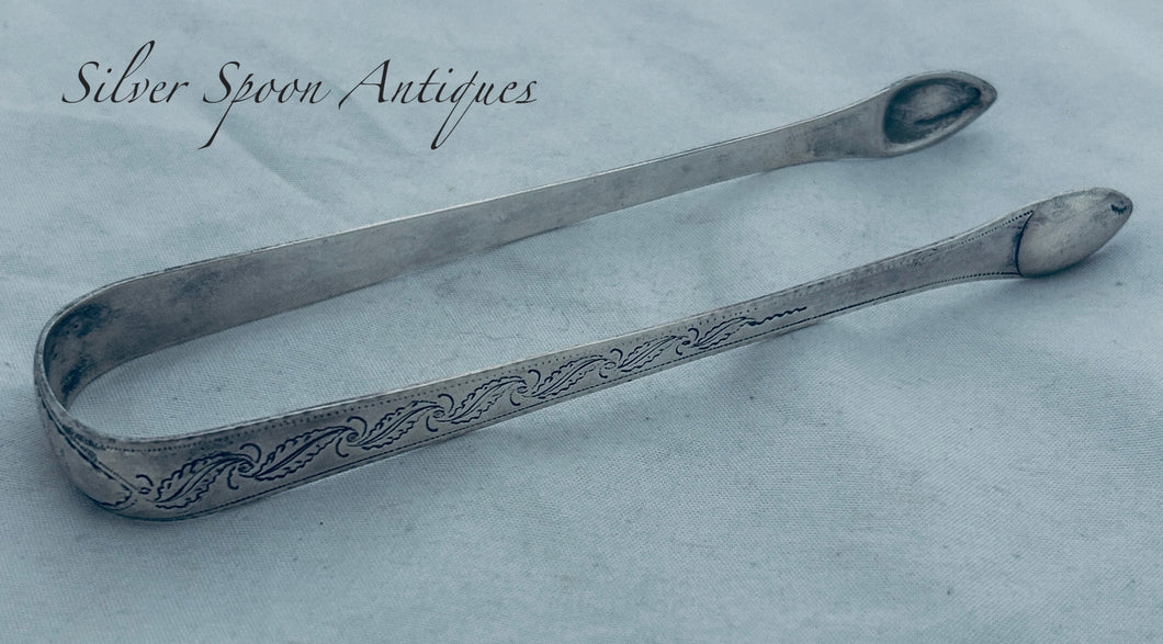 Rare pair of English provincial sterling sugar tongs, Nathaniel Smith & Co, Sheffield, 1801