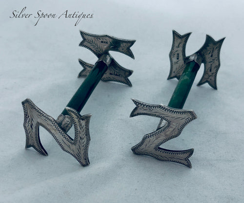 Rare Pair of Sterling and Greenstone Knife Rests, S.BRS, 1900-1910