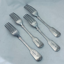 Load image into Gallery viewer, Four fiddle pattern English sterling table forks, Wallis &amp; Hayne, London, 1819