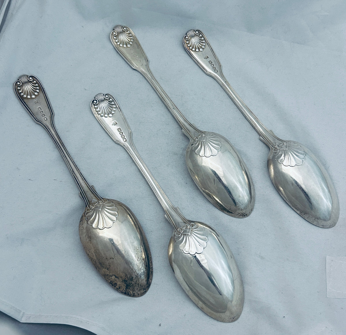 Set of 4 English sterling Fiddle, Thread & Shell Tablespoons, John & H ...