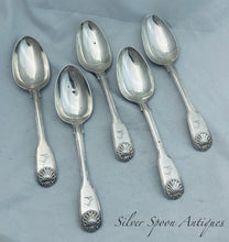 Load image into Gallery viewer, Set of 5 fiddle, thread and shell dessert spoons, John, Henry &amp; Charles Lias, London, 1828