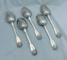 Load image into Gallery viewer, Set of 5 fiddle, thread and shell dessert spoons, John, Henry &amp; Charles Lias, London, 1828