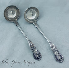 Load image into Gallery viewer, Pair of English Queens sterling sauce ladles, Chawner &amp; Co, London, 1876